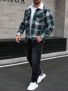 Manfinity Homme Men's Plaid Print Thermal Lined Long Sleeve Jacket Coat Woolen Jacket Men Men Shacket Men Flannels Fall Clothes For Men Plaid Jacket Men - Multicolor - View 5