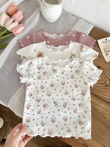 LMoss Kids 3件套女童针织小熊和花卉图案荷叶边下摆上衣套装 - 彩色 - 查看 4