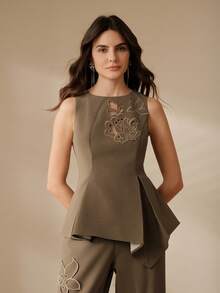 Anewsta Elegant Embroidered Waist Fitted A-Line Asymmetrical Hem Women's Tank Top - Khaki - View 3