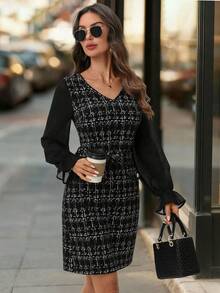 Editum 女式时尚优雅V领粗花呢中长连衣裙