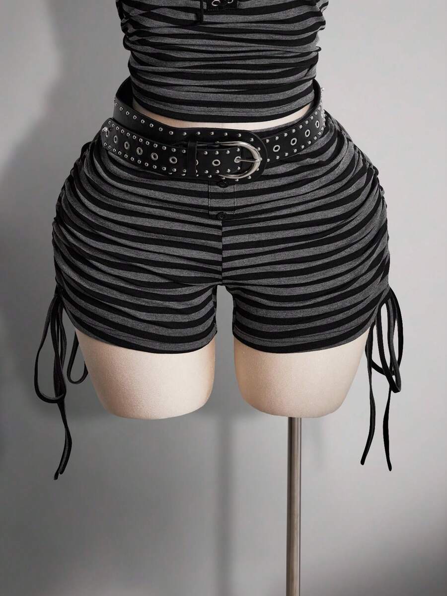 SHEIN ICON Plus Size Y2K Dark Punk Style Casual Side Ruched Drawstring Striped Shorts Goth Shorts Black And Gray Striped Shorts Ruched Shorts - Black - View 1