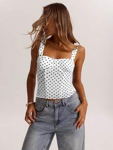 SHEIN BAE 女士约会之夜女友派对生日派对夜店节日派对优雅黑色波尔卡圆点上衣，女友派对，约会，日常街头通勤紧身胸衣，可爱紧身胸衣，性感上衣俱乐部，紧身胸衣上衣，夏季上衣，可爱上衣，