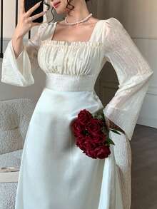 DAZY Đầm maxi nữ thanh lịch, xếp ly, cổ vuông, thích hợp làm đầm dự tiệc cưới, đầm hè. - trắng - Xem 1