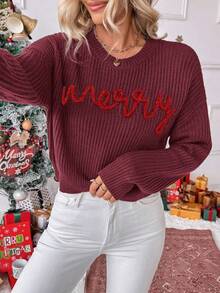 EMERY ROSE Women's Crew Neck Drop Shoulder Long Sleeve Letter Knit Sweater - Red - View 6
