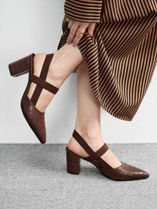 CUCCOO BIZCHIC 女士时尚咖啡色压纹舒适弹力带尖头粗跟高跟鞋，适合通勤、度假和日常穿着 - 咖啡棕 - 查看 7