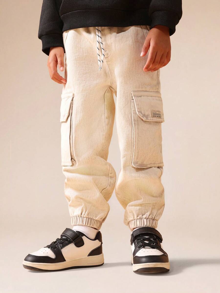 SUMWON Boys Ribbed Cuff Cargo Pants With Large Side Pockets And Drawstring Waist For Casual Everyday Wear Vacation - Khaki - View 1