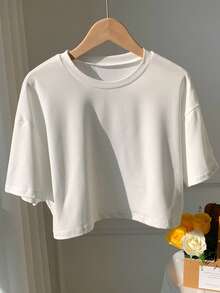 SHEIN EZwear Solid Drop Shoulder Tee - White - View 4