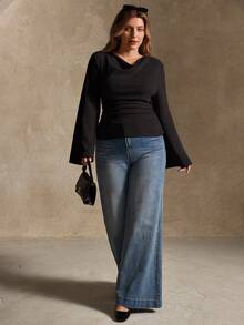 Elegantrix 大码女式宽松领喇叭袖收腰褶皱雪纺针织休闲上衣，秋冬款 - 黑色 - 查看 6
