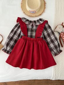 Blossori Young Girls' French Elegant Plaid Shirt/Suspender Dress Set - Multicolor - View 2