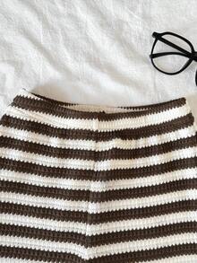 SHEIN 少女休闲度假街头风不对称肩部提花条纹修身短款T恤和配套直筒条纹针织裤套装，返校季穿搭 - 棕色 - 查看 3