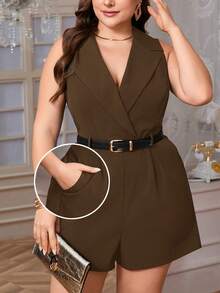 Firerie 大码女士优雅通勤连体裤，翻领，无袖，带口袋，四季皆宜，秋季返校季必备 - 棕色 - 查看 5