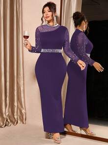 Cravure Đầm lưới tay dài đính ngọc trai thanh lịch cỡ lớn cho nữ, cao cấp cho tiệc tùng, mùa thu/đông - Màu tím - Xem 4