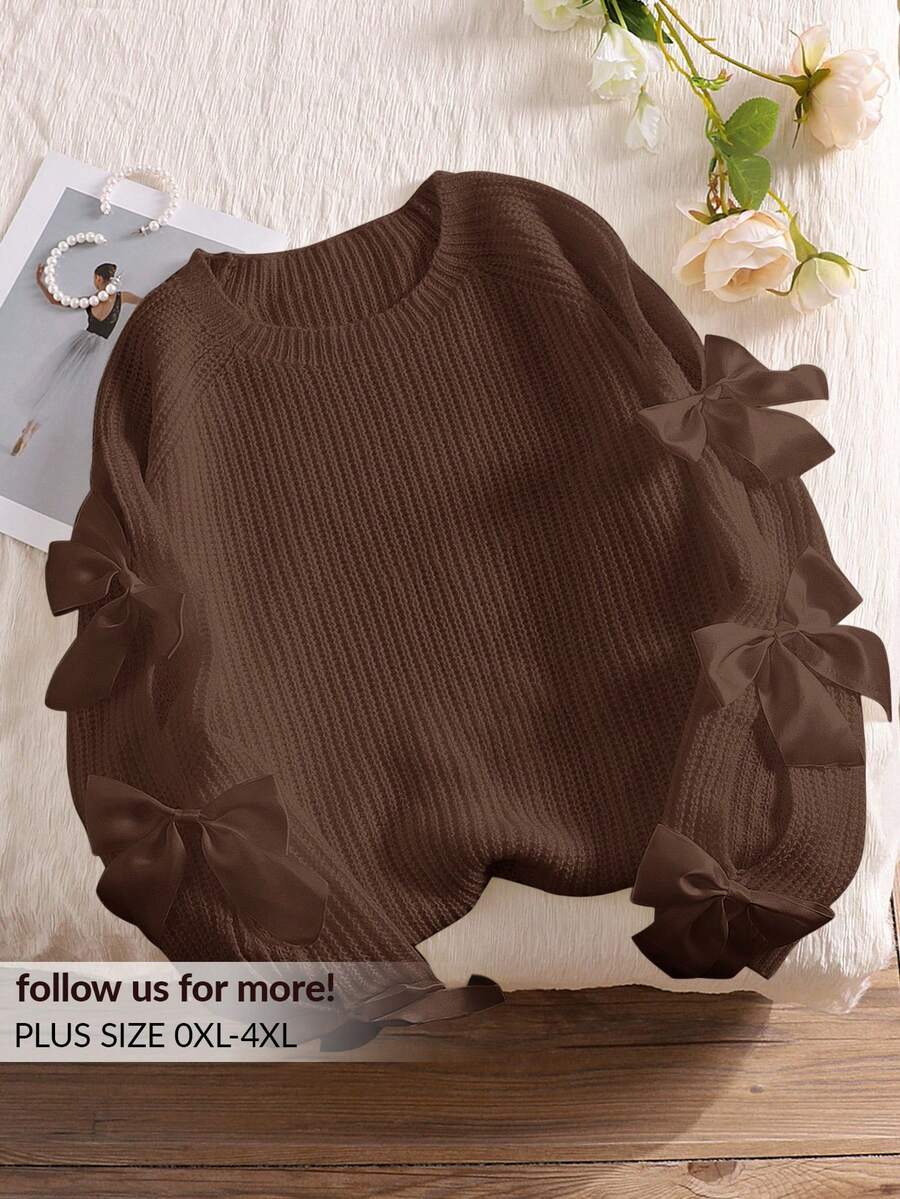 CosyJoli Plus Size Crew Neck Long Sleeve Sweater With Hollow Bowknot Decor, Cute Fairy Style, Loose Fit, Apricot Knit Pullover In Fall/Winter - Brown - View 1