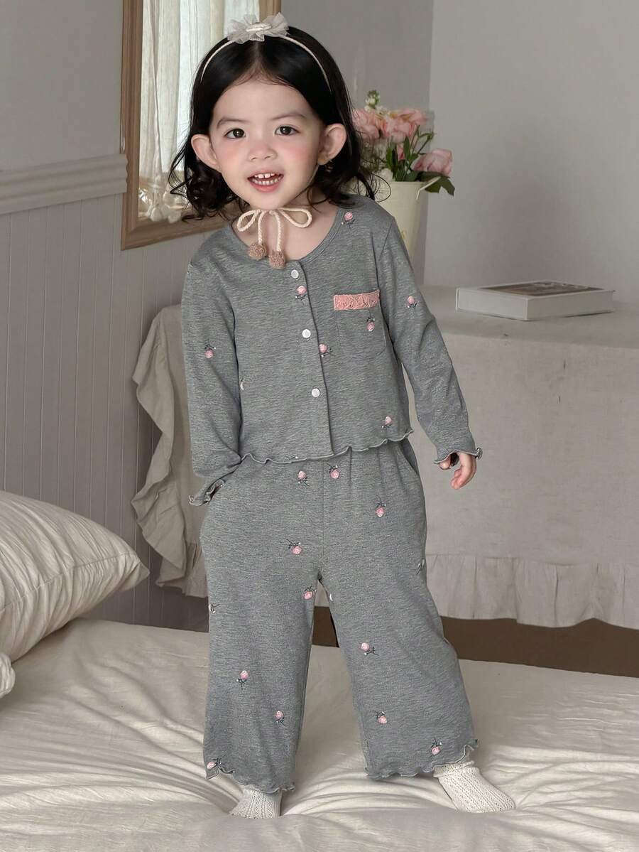 DAZY 2pcs Baby Girls' Casual All-Over Print Long Sleeve T-Shirt And Pants Homewear Set