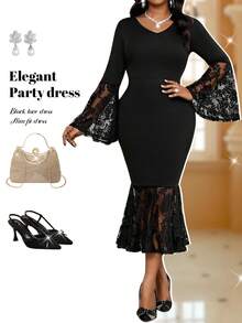 Fleurora Plus Size Women V-Neck Contrast Lace Flare Sleeve Mermaid Hem Fitted Elegant Dress Lace Black Dress Long Sleeve Elegant Dress Black Dress Classy Elegant Black Church Dress Black Dress Black Dresses For Women Elegant Dresses For Women Elegant Dresses Prom Dress Prom Dresses Ball Gown Going Out Outfits Going Out Outfits Party Dresses For Women Spring Dress Women Elegant Midi Dress Black Lace Dress Black Wedding Guest Dress - Black - View 5