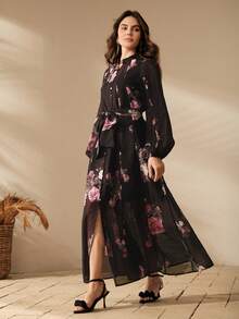 春季、夏季、优雅、度假、约会之夜、花卉图案 Anewsta 女士度假花卉印花灯笼袖优雅连衣裙 - 黑色 - 查看 4