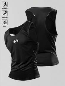 Manfinity Sport Polished 男士杠铃印花休闲健身运动黑色背心，透气吸汗，舒适简约设计，无袖，适合锻炼训练，健身房上衣，男士健身背心，肌肉背心，无袖健身服