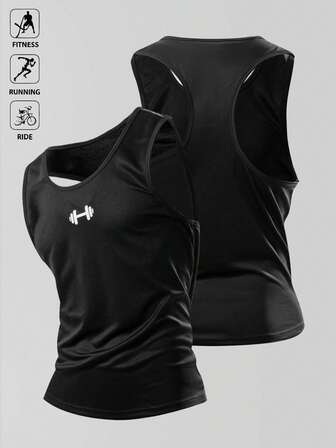 Manfinity Sport Polished Camiseta de tirantes negra casual de fitness para hombres con estampado de barra, diseño minimalista transpirable y que absorbe la humedad, cómoda para entrenamiento, gimnasio y ejercicio