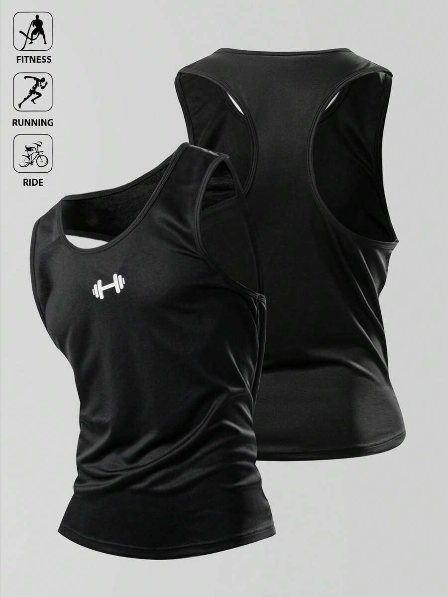 Manfinity Sport Polished 男士杠铃印花休闲健身运动黑色背心，透气吸汗，舒适简约设计，无袖，适合锻炼训练，健身房上衣，男士健身背心，肌肉背心，无袖健身服