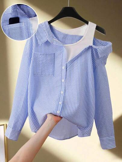 Franclia Plus Size Women New Casual Open Shoulder Striped Patchwork Short Sleeve Textured Blue And White Striped Design Spring Autumn Women Long Sleeve Blouse Button Down Shirt Back To School Casual Outerwear Autumn Women Business Casual Streetwear Autumn Women Back To School Layered Long Sleeve Shirt Shirts Cute Blue And White Shirt Preppy Tops Blue Striped Shirt Off Shoulder Shirts Cute Shirt For Women Cute Blouses