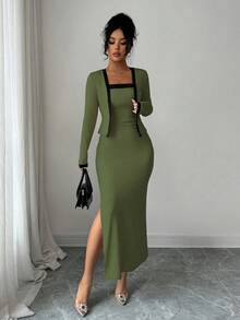 SHEIN Elenzya Bộ 2 chiếc áo khoác cardigan dài tay phối màu thanh lịch dành cho nữ và váy liền thân, thích hợp cho tiệc tùng, họp mặt gia đình, Giáng sinh, Halloween, ngày lễ tình nhân, năm mới, đi làm và mặc thường ngày, mùa thu/đông - xanh quân đội - Xem 7