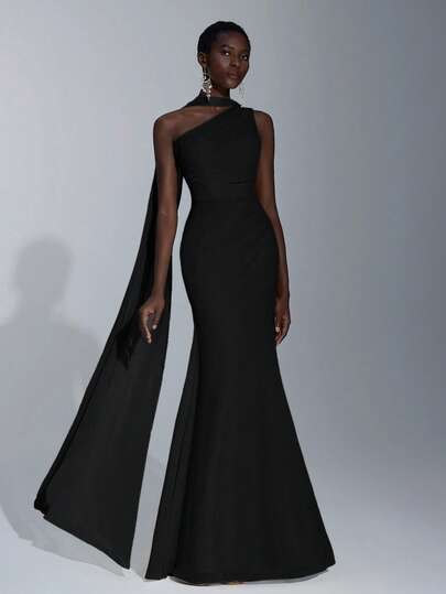 Elitara Elegant One-Shoulder Oblique Shoulder Chiffon Draped Piece (Multiple Wearing Ways), Draped Piece Decorating Waist With Ruching, Suitable For Wedding, Bridesmaid Dress