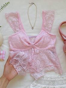 Comfortcana 女士优雅蕾丝荷叶边下摆鸡心领泡泡袖T恤，浅粉色，夏季