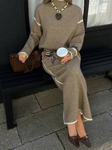 Livesso 女士高领毛衣和休闲半裙两件套，秋冬季 - 卡其色 - 查看 5