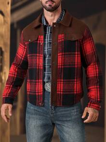 Manfinity Nomadique Men's Plaid Patchwork Zip-Up Casual Jacket Winter Cowboy Jacket Men Country Clothes - Brown - View 5