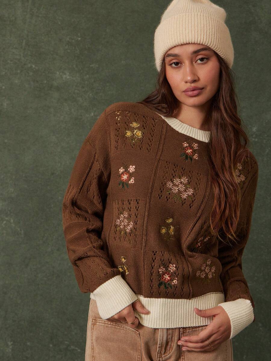 WESTFADE 拼接圆领花卉刺绣混针长袖套头针织毛衣，可爱秋季上衣，休闲波西米亚风，适合乡村西部音乐会、秋季、冬季穿着。 - 杏色 - 查看 1
