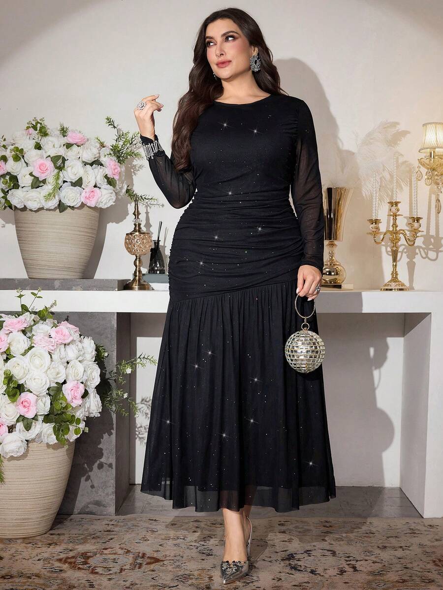 Modelyn 大码女式闪亮网纱优雅长袖针织派对连衣裙，饰有亮片 - 黑色 - 查看 1