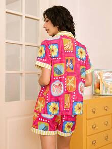 Chillnights 年轻花卉方格图案泡泡褶皱开衫女式睡衣套装夏季家居服女式水果睡衣套装女式睡衣套装夏季睡衣女式夏季 - 彩色 - 查看 2