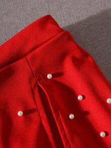 Elladie kids Dziewczęca koszulka z okrągłym dekoltem i długim rękawem, z kokardą i perłowym wzorem, z krótkimi spodenkami i wysokim stanem, z perłowym wzorem, strój na powrót do szkoły, odpowiedni na święta i Boże Narodzenie, w kolorze czerwonym