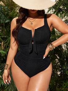 Swim Lushoire Plus Size Women V-Neck Ruched Waist One-Piece Swimsuit, Slimming Beach & Pool Wear - Black - View 1