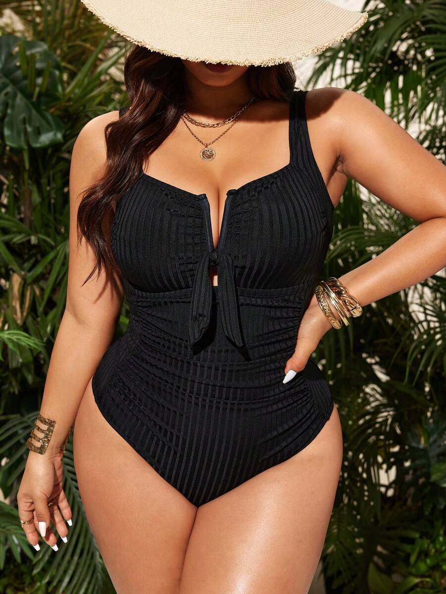 Swim Lushoire Plus Size Women V-Neck Ruched Waist One-Piece Swimsuit, Slimming Beach & Pool Wear - Black - View 1