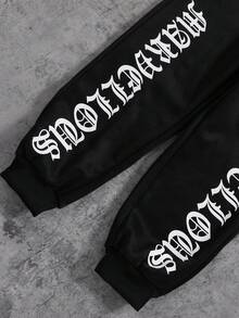 青少年男孩字母印花长袖连帽衫和运动裤休闲套装 - 黑色 - 查看 5