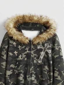 ROMWE J-Fashion Y2K Camo Furry Trim Hooded Sweatshirt Sweatshirt For Women - Army Green - View 3