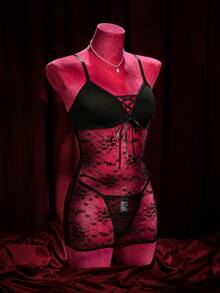 SpicyHot 2 piezas Conjunto de camisón sexy de mujer con parches de encaje - Negro - Ver 3