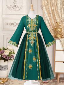 SHEIN 少女碎花连衣裙，时尚印花连衣裙，独特花卉图案，优雅的中东风情连衣裙 - 綠色 - 查看 6