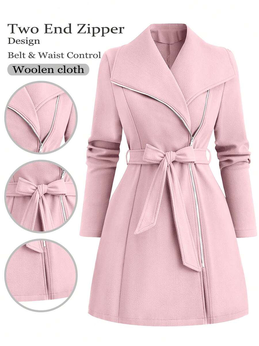 SHEIN Tall 高个系列女士秋冬百搭修身长款羊毛混纺大衣 - 粉色 - 查看 1