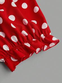 Sweetra Plus Size Cute Polka Dot Print Contrast Color Apron Dress - Red - View 6