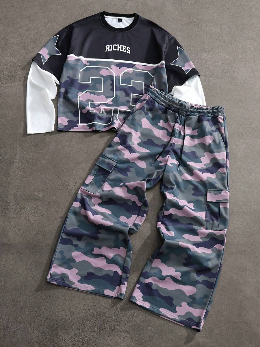 Manfinity Roghcode Men's Letter Camo Print 2 In 1 Long Sleeve T-Shirt And Cargo Pants Casual Suit Men 2 Piece Set Camo Set Mans 2 Pieces Sets - Multicolor - View 1
