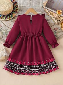 Rochie elegantă pentru fete, cu imprimeu retro, decolteu rotund, tiv cu volane, mânecă lungă, linie A, casual, potrivită pentru vacanță, călătorii, Crăciun, Ziua Îndrăgostiților, purtare zilnică, primăvară/toamnă/iarnă