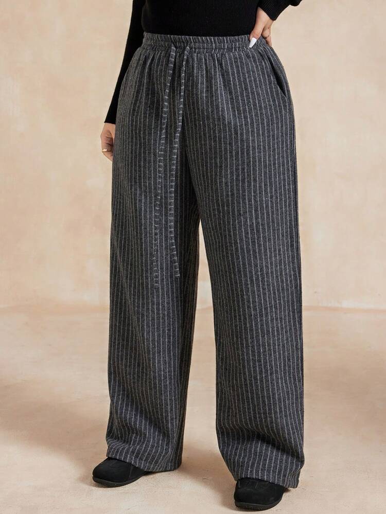 Dazy Plus Elastic Waist Loose Striped Drawstring Tie Waist Plus Size Women's Long Casual Pants, Spring/Autumn - Dark Grey - View 3