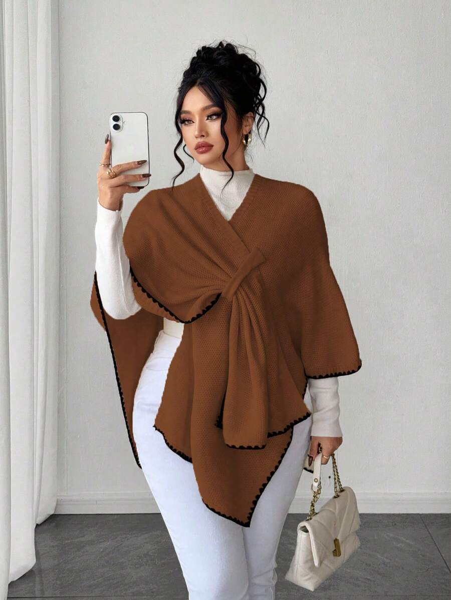 Elenzga Poncho de suéter de corte holgado y elegante para mujer de talla grande, adecuado para ropa de abrigo de otoño/invierno - Café integral - Ver 1