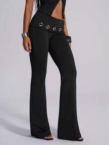 TypaGal 女士纯色腰部褶皱镂空喇叭裤 - 黑色 - 查看 6