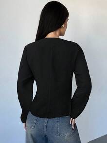 Firerie 女士优雅精致休闲日常通勤新款街头时尚都市风斜襟金属纽扣收腰长袖双面大衣，秋冬款 - 黑色 - 查看 2