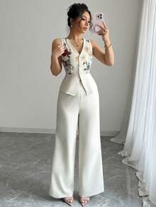 Selianne Conjunto elegante de top sin mangas con bordado de malla y cintura ceñida, y pantalones, color amarillo crema, adecuado para vacaciones y uso diario - Albaricoque - Ver 5