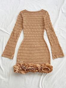 Soleia Women's Solid Color Hollow-Out Backless Knit Mini Dress, Beach Vacation Outfit, Spring/Summer, Bohemian Style, Suitable For Layering In Autumn/Winter