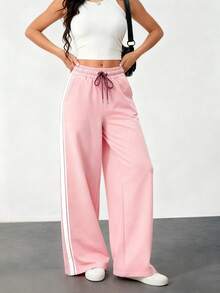 Pantalones casuales de color negro con rayas laterales, unicolor y de moda - Rosa - Ver 3